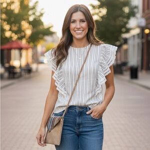 See U Soon Womens ‎ 100% Linen & Lace Flutter Sleeve Boho Blouse Striped Modest